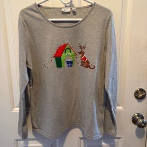 Ladies Gray Shirt with Festive Reindeer, Dog, and Dog House (XL)